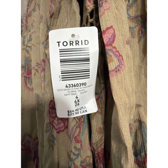 Festi Torrid Womens Plus Size Gauze Long Sleeve Tunic Taupe Floral Size 4 4X New - Picture 4 of 6